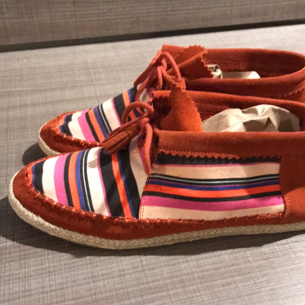 These are one pair of size 10 multicolored striped moccasins.